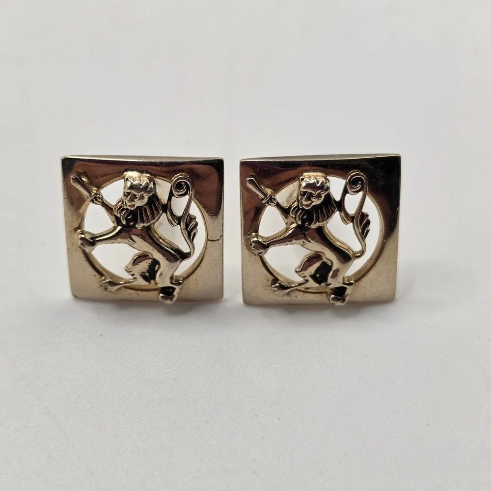Swank Heraldic Lion Sword Mens‎ Gold Tone Square Vintage Cufflinks Royal Crest